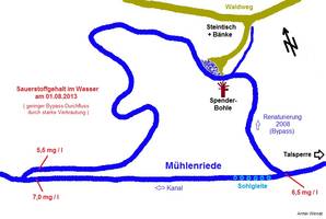 Karte alter Mühlenriedeverlauf mit Sohlgleite und neuer Verlauf (Bypass) seit 2008